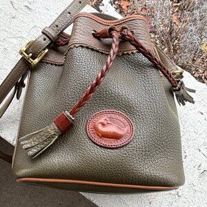 Dooney & Bourke Vintage Teton USA Olive Small Drawstring Bucket Crossbody Bag